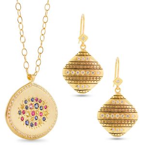 multicolored sapphire pendant and diamond and gold earrings Adel Chefridi