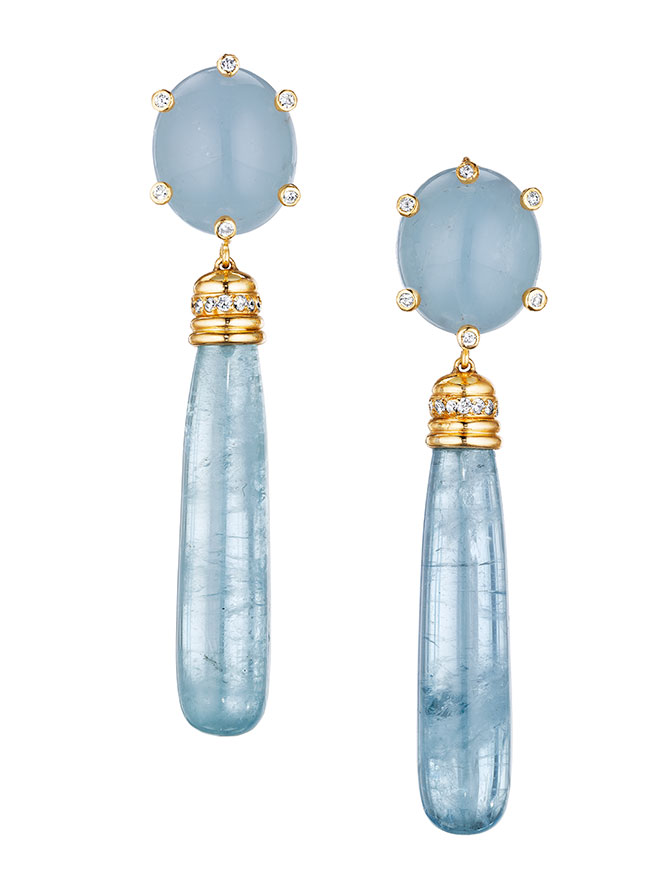 JOON HAN Aquamarine Cabochons with Diamonds Earrings