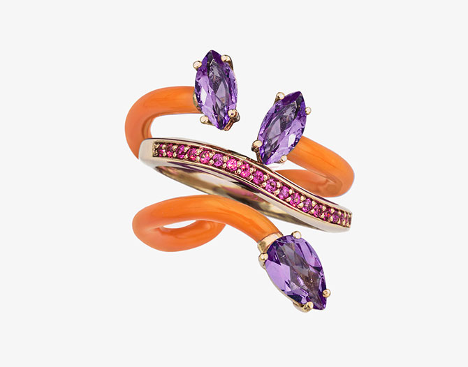 Bea Bongiasca Orange Enamel and Amethyst cocktail ring