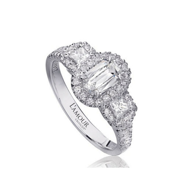 Christopher Designs LAmour Crisscut three stone engagement ring