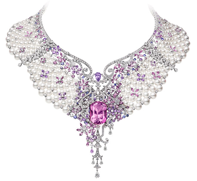 Mikimoto Jardin Mysterieux necklace with pearls morganite spinel sapphires diamonds