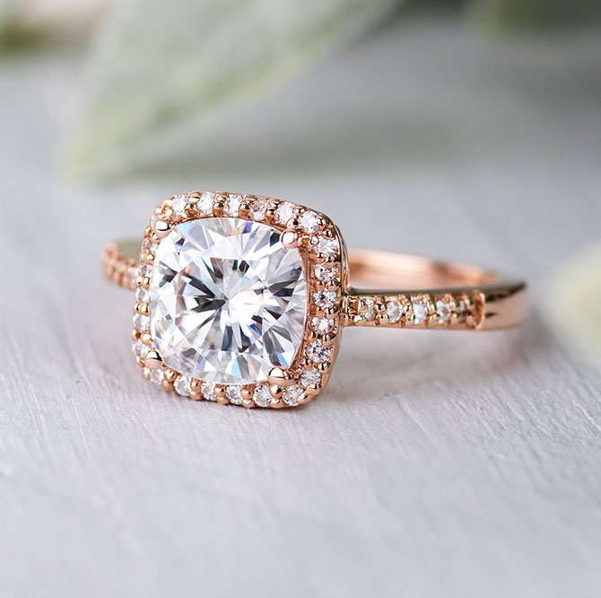 charles and colvard moissanite cushion halo