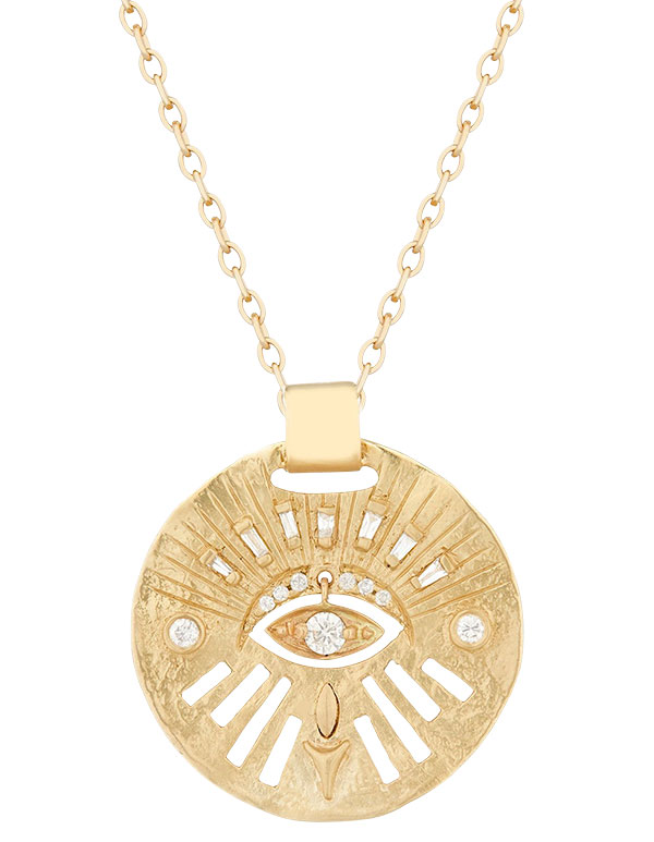 Celine Daoust gold medal and dangling eye necklace