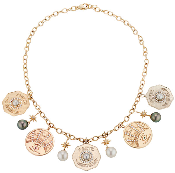 Marlo Laz five coin pearl diamond emerald necklace