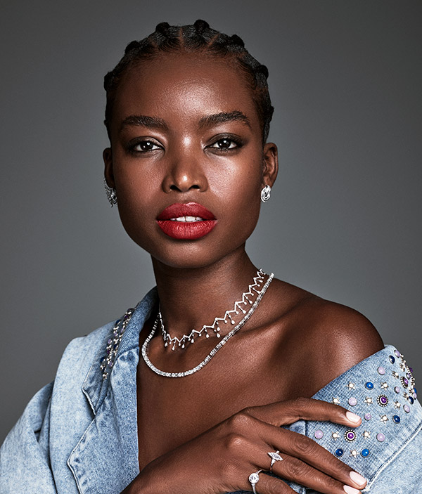 Model in denim off the shoulder