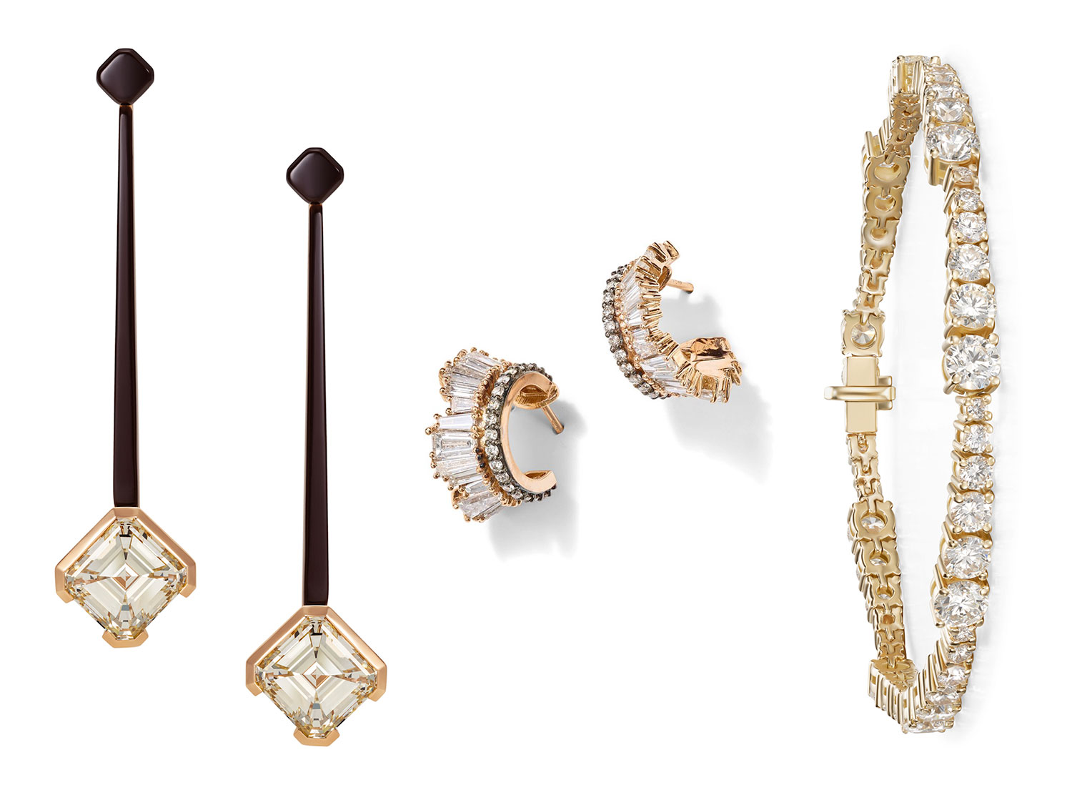 Thelma West asscher earrings Melissa Kaye diamond bracelet Nak Armstrong diamond ruched hoops Thelma West asscher earrings Melissa Kaye diamond bracelet Nak Armstrong diamond ruched hoops