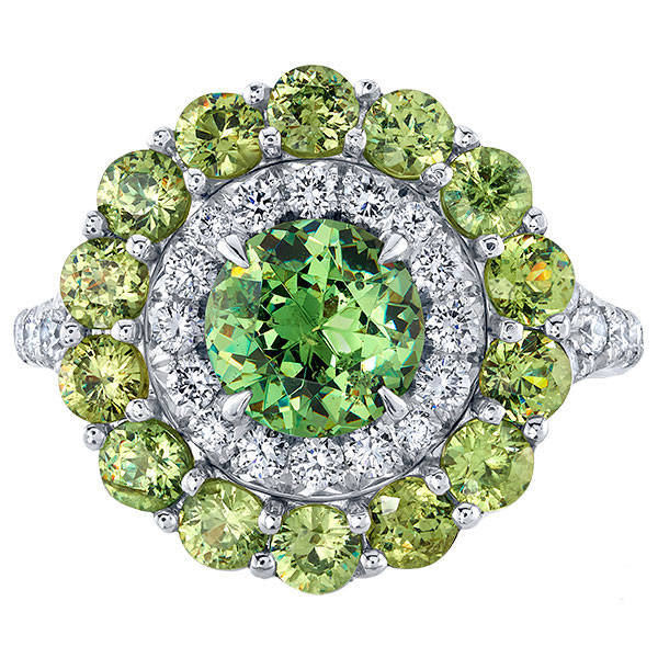 Omi Prive demantoid garnet diamond ring