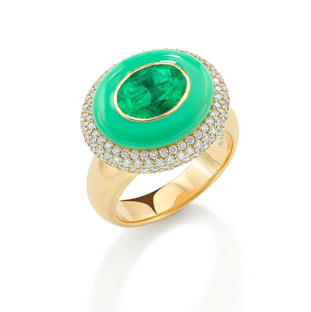 Robinson Pelham Arena ring with Muzo emerald green cold enamel diamonds