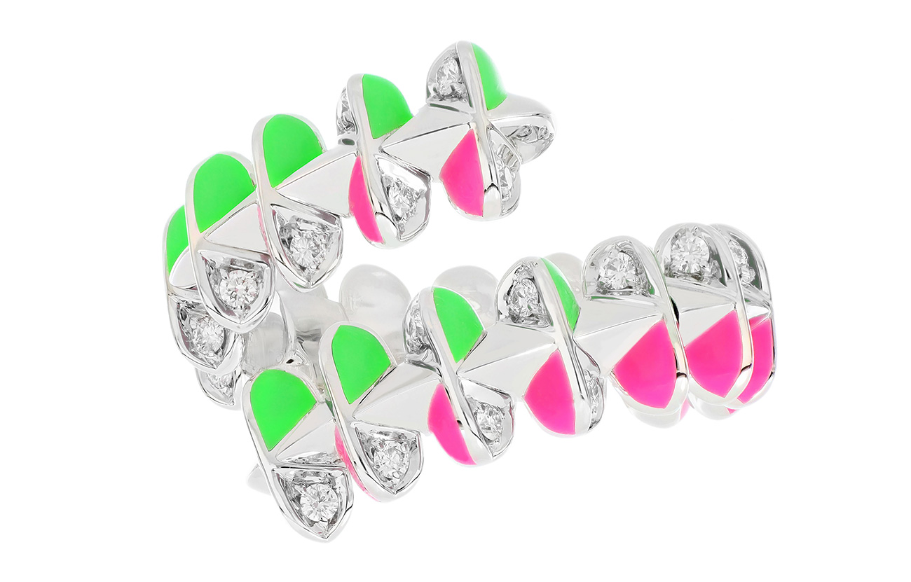 Tariq Riaz Circle of Life ring neon pink green enamel