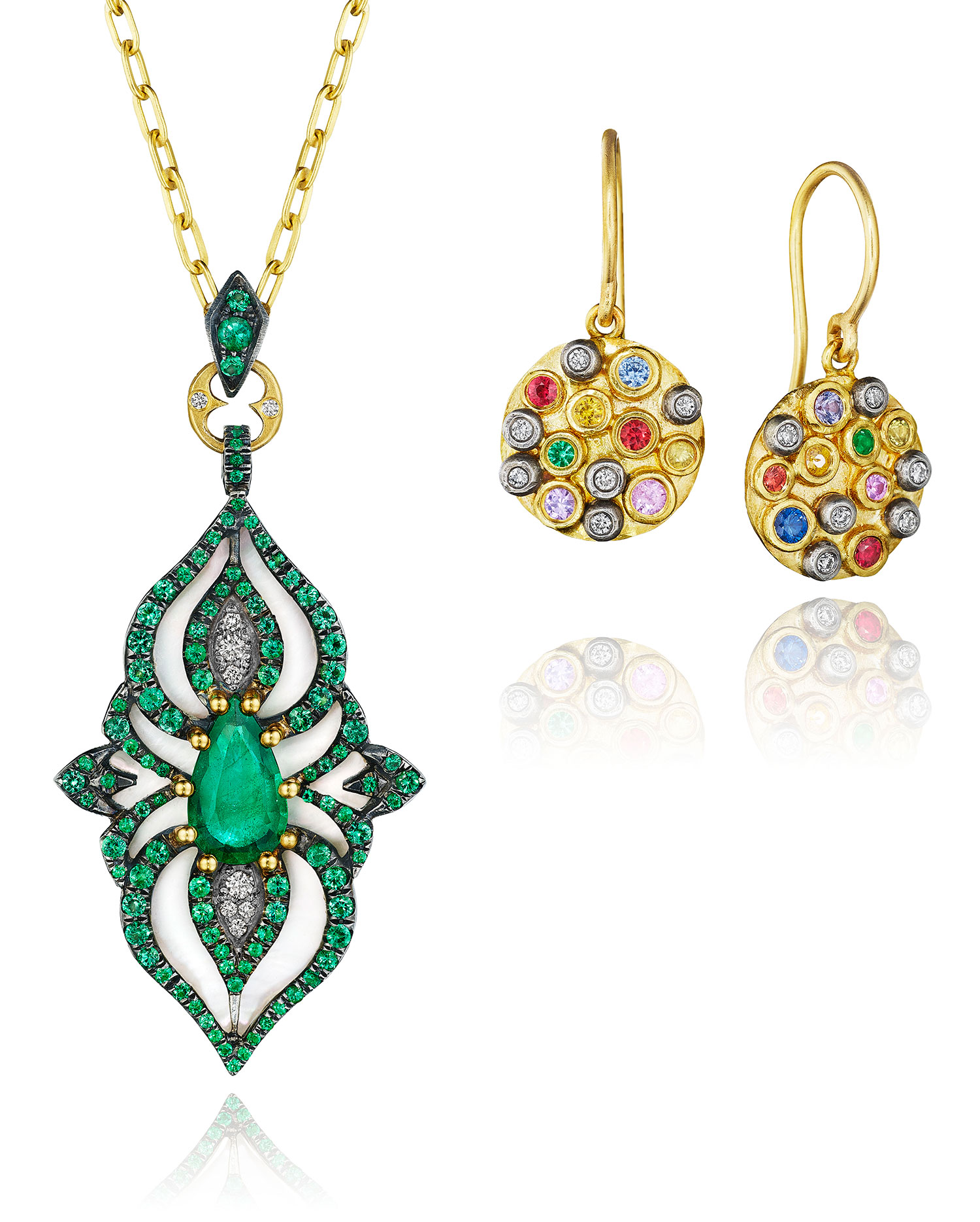 Annie Fensterstock emerald flower pendant and cornucopia earrings Annie Fensterstock emerald flower pendant and cornucopia earrings