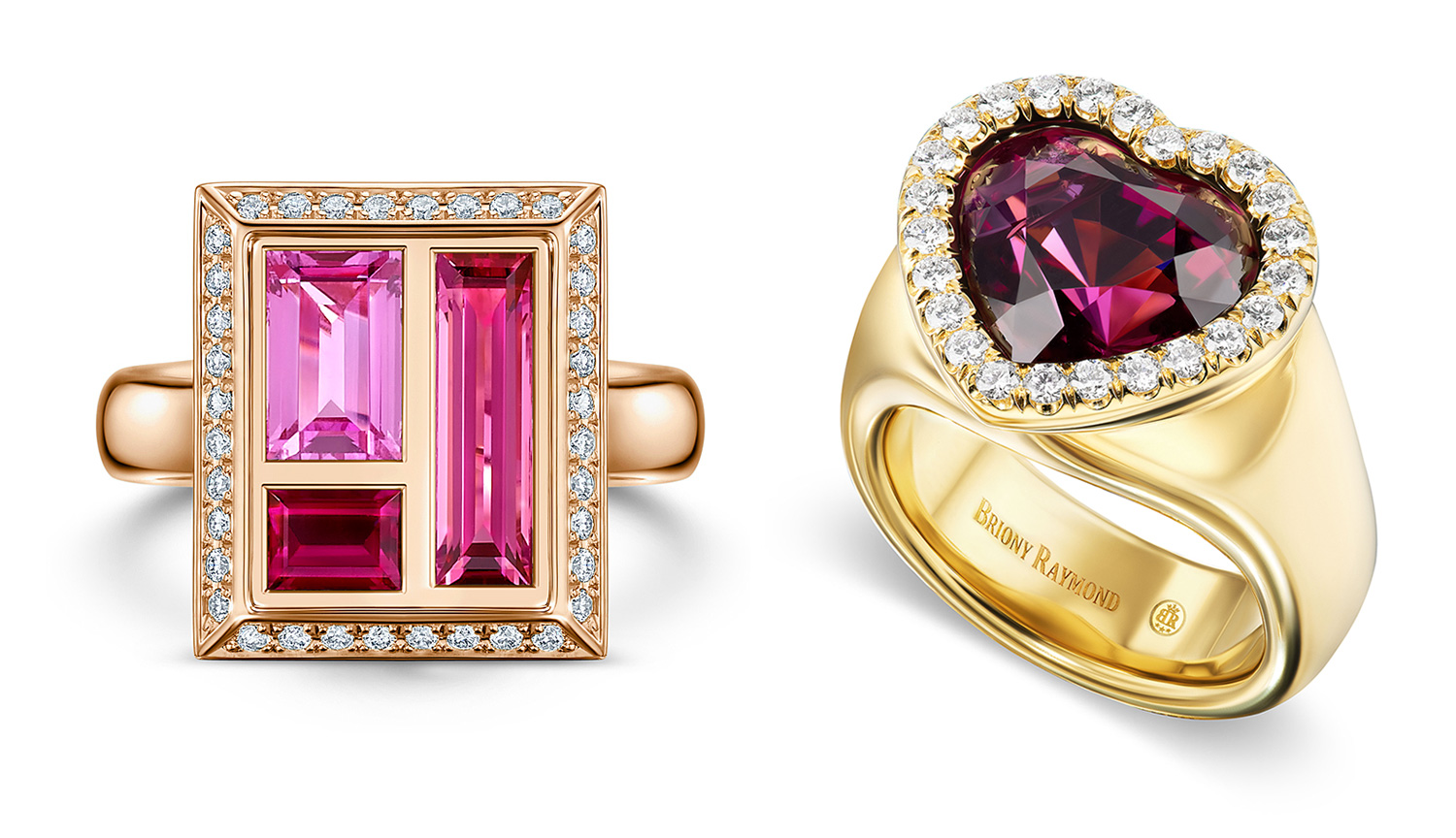 Briony Raymond pink heart ring and Andrew Geoghegan chocolate box rose cocktail ring