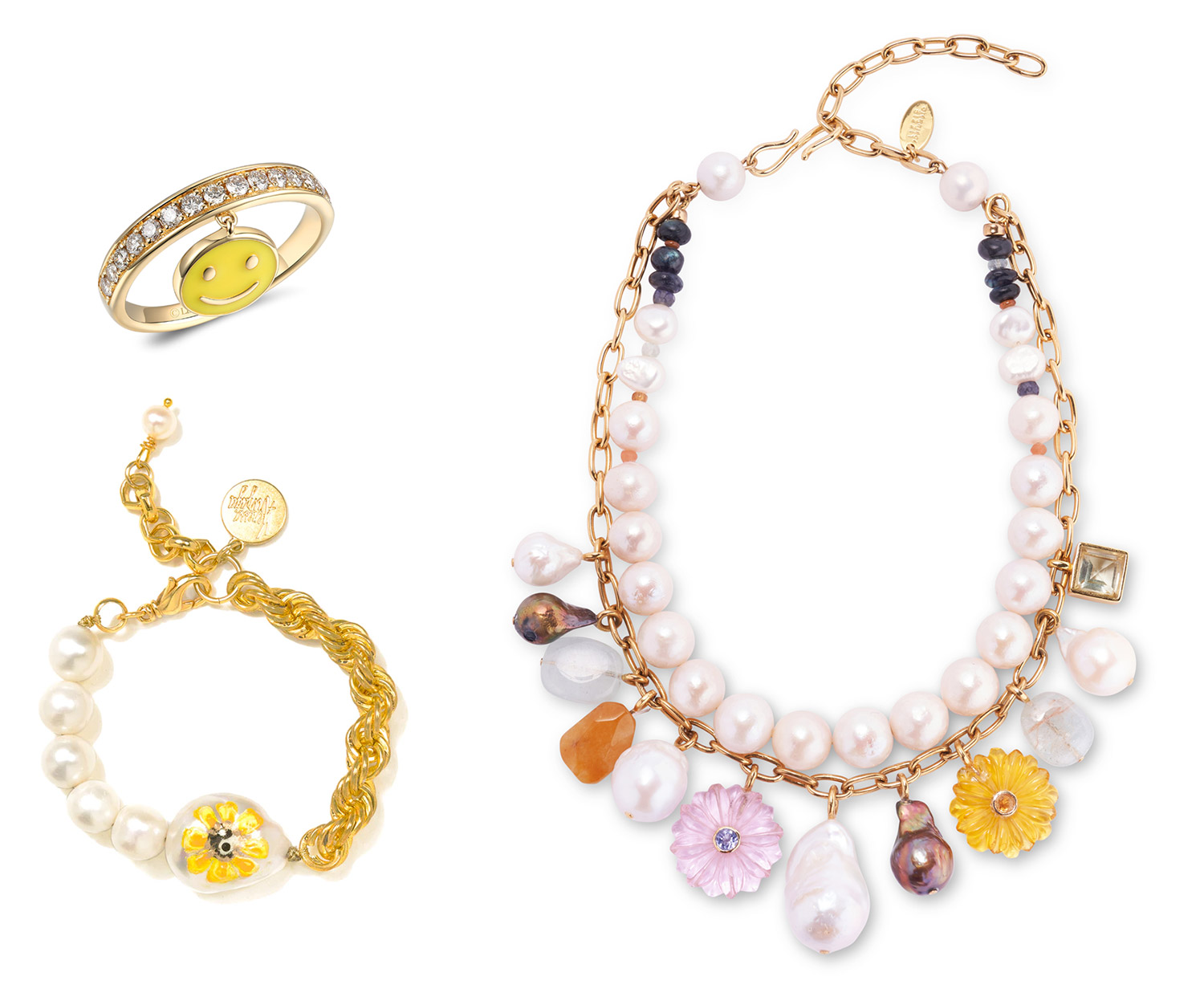 Lizzie Fortunato Joie necklace Venessa Arizaga higher mind bracelet Le Vian smiley ring