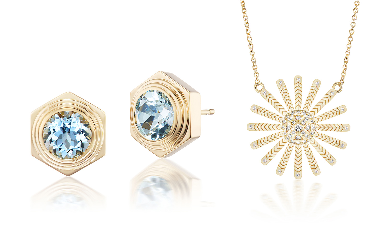 Harwell Godfrey Mini hexed aqua earrings and sunflower pendant Harwell Godfrey Mini hexed aqua earrings and sunflower pendant