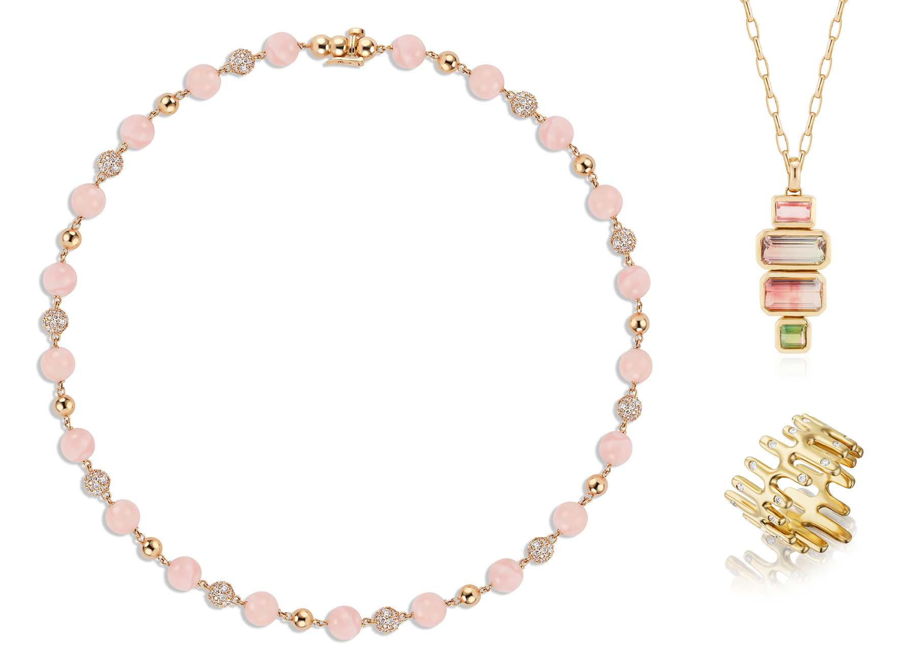 Akaila Reid pink opal necklace tourmaline necklace wavy ring Akaila Reid pink opal necklace tourmaline necklace wavy ring
