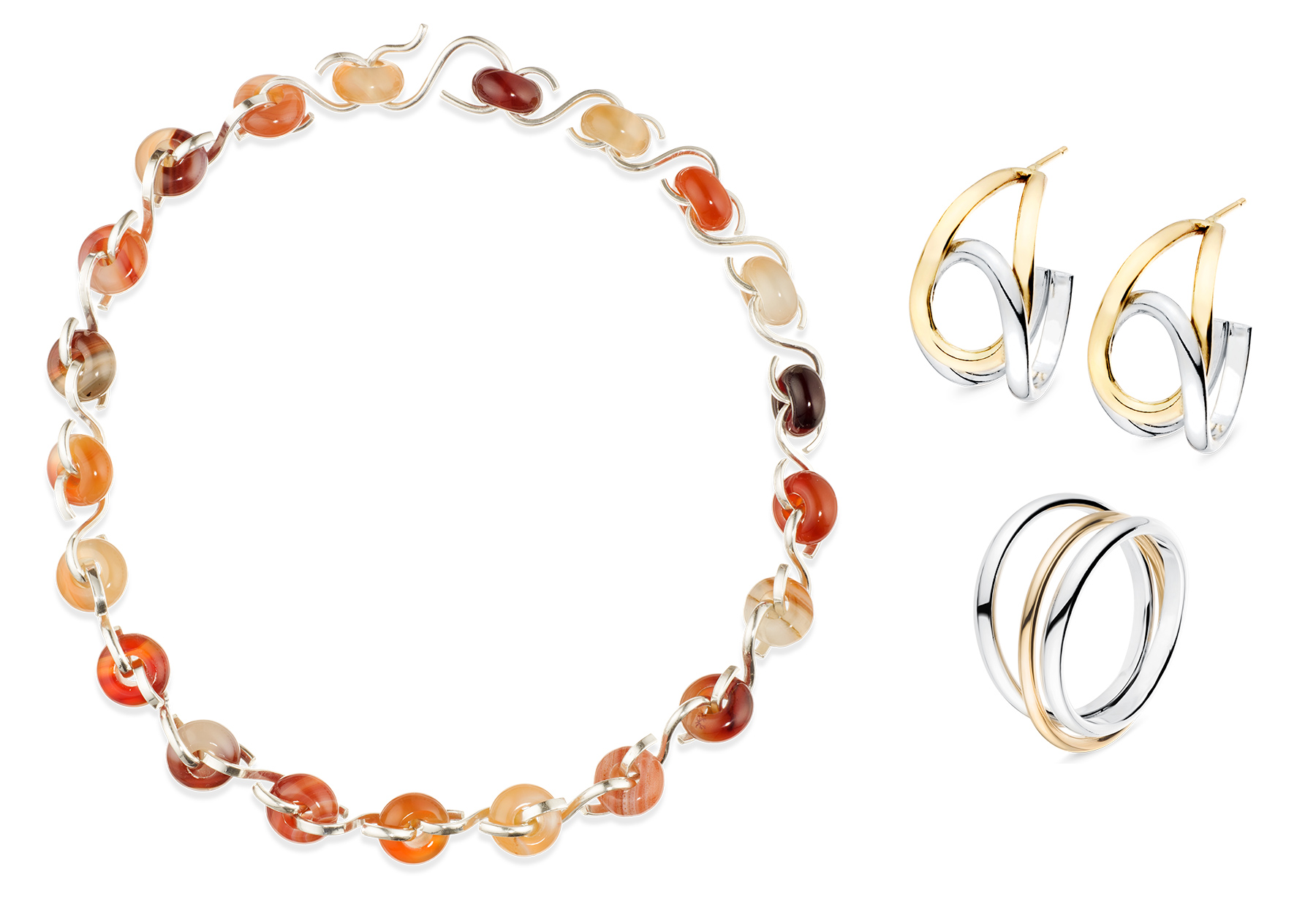 Skomer Studio agate necklace and silver and gold earrings ring Skomer Studio agate necklace and silver and gold earrings ring