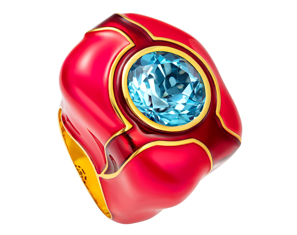 NeverNoT blue topaz red enamel Red Rock ring