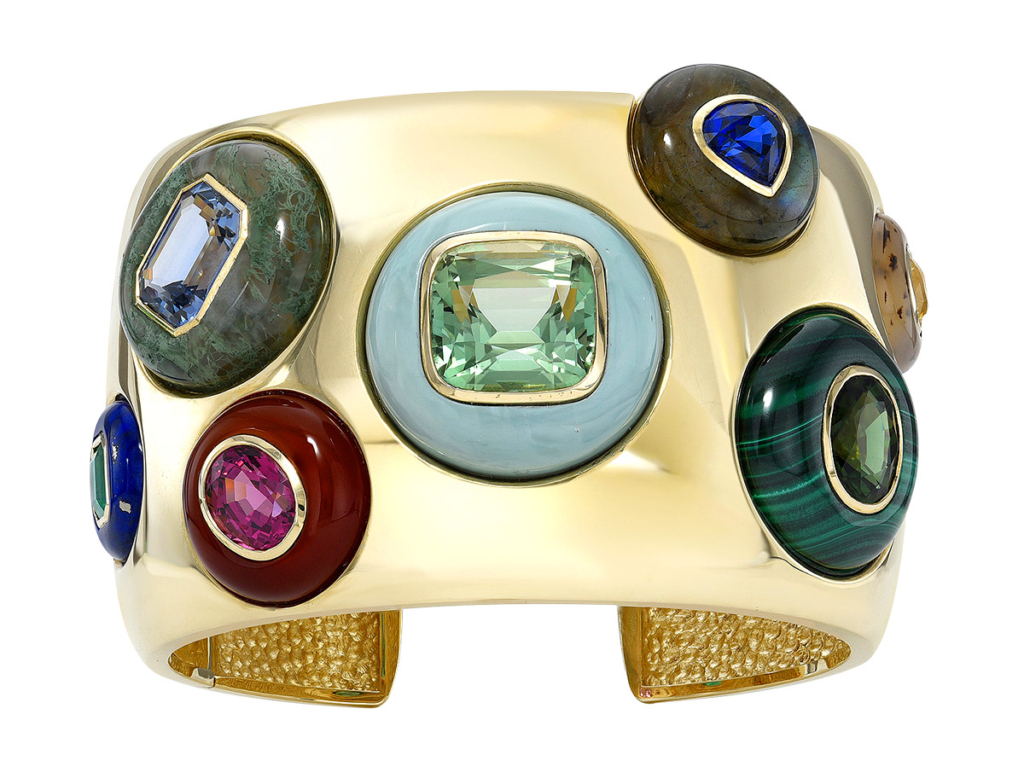 Retrouvai cuff with dendrite tourmaline rhodolite emerald sapphire and moss agate