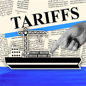 Ship with the headline "Tariffs" appearing with newsprint behind it and a finger pointing at the ship