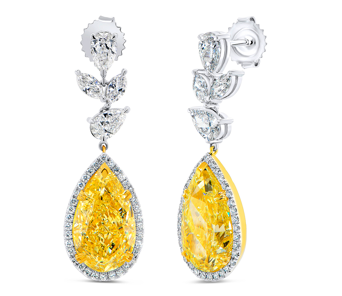 Colored Diamond Jewelry Uneek two hearts one sparkle yellow diamond pear shape drop earrings