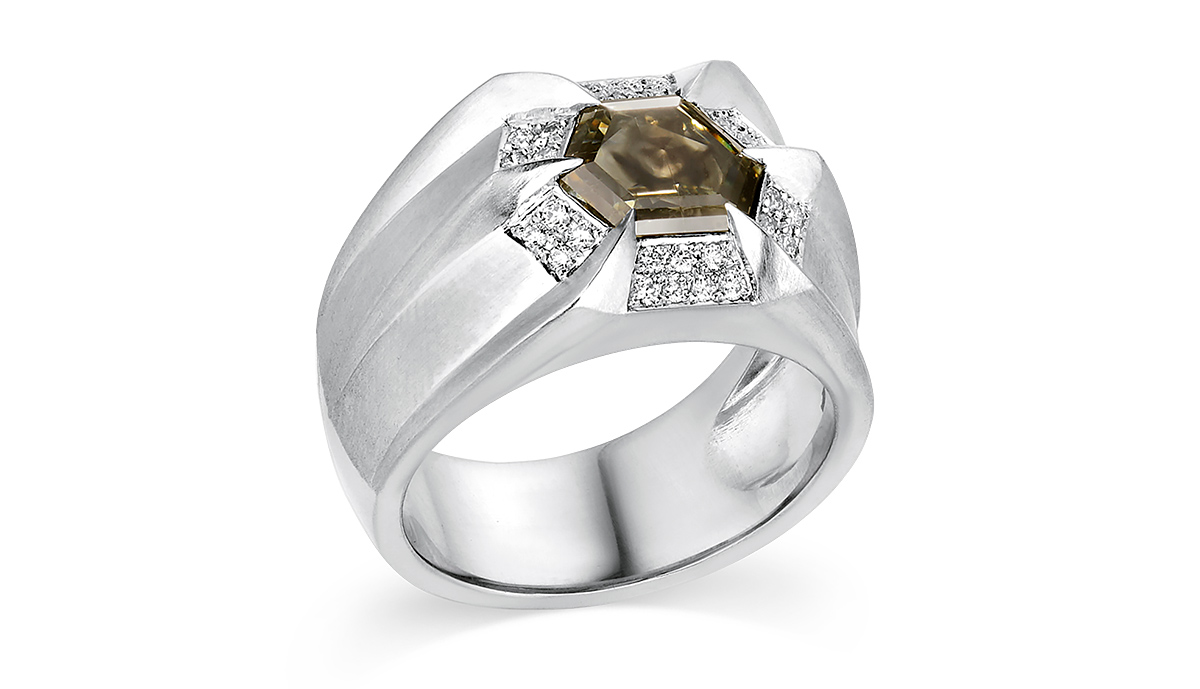 Gender Neutral Ricardo Basta platinum Element ring with fancy colored diamond center