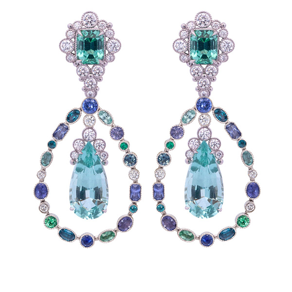Three-piece earring suite in platinum with mint green tourmalines, aquamarines, Paraiba tourmalines, sapphires, blue zircons, and diamonds, $120,000; Featherstone Design 
